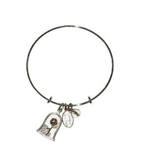 Disney Silver Over Brass CZ Rose Charm Beauty & The Beast‎ Bangle Bracelet 8.5"